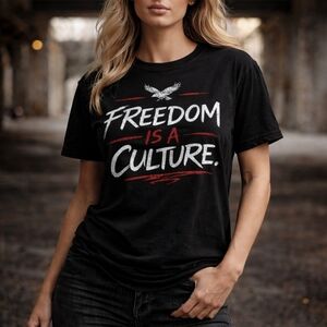 Black Graphic Tee with Red and White Accents